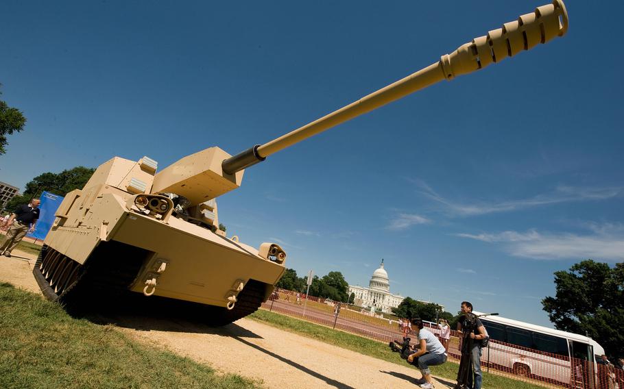 In this photo from June 11, 2008, the U.S. Army’s new XM1203 Non-Line-of-Sight Cannon (NLOS-C) is seen on the National Mall in Washington.