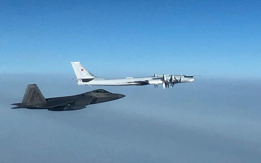 A U.S. F-22 fighter jet intercepts a Russian military aircraft in October 2020.
