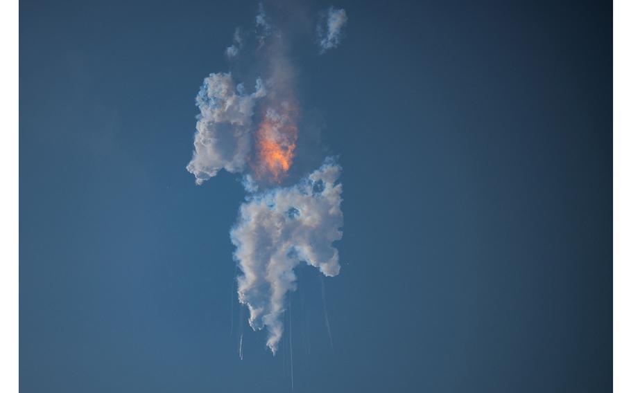 The SpaceX Starship explodes after launch for a flight test from Starbase in Boca Chica, Texas, on April 20, 2023. 