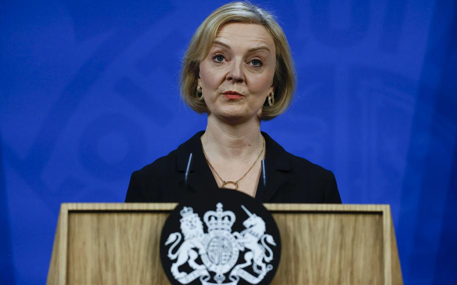 Liz Truss, UK prime minister, during a news conference on the U.K. economy at Downing Street in London on Oct. 14, 2022. 