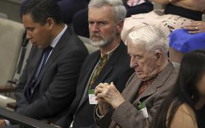 Yaroslav Hunka, right, waits for the arrival of Ukrainian President Volodymyr Zelenskyy in the House of Commons in Ottawa, Onatario on Friday, Sept. 22, 2023. The speaker of Canada’s House of Commons apologized Sunday, Sept. 24, for recognizing Hunka, who fought for a Nazi military unit during World War II. Just after Zelenskyy delivered an address in the House of Commons on Friday, Canadian lawmakers gave the 98-year-old a standing ovation when Speaker Anthony Rota drew attention to him.  (Patrick Doyle/The Canadian Press via AP)