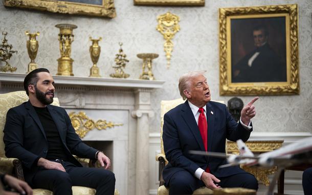 President Donald Trump and Nayib Bukele, the president of El Salvador, meet at the White House in April. MUST CREDIT: Al Drago/For The Washington Post