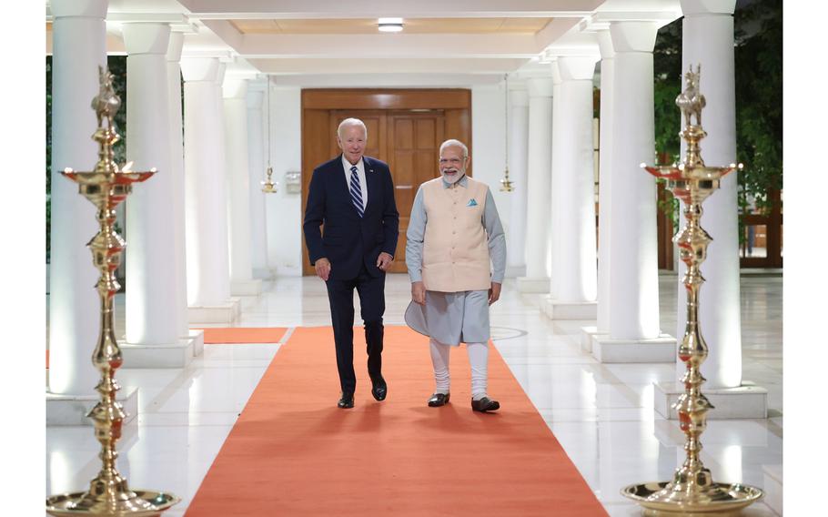 U.S. President Joe Biden and India’s Prime Minister Narendra Modi meet in Delhi, India, on Sept. 8, 2023. 