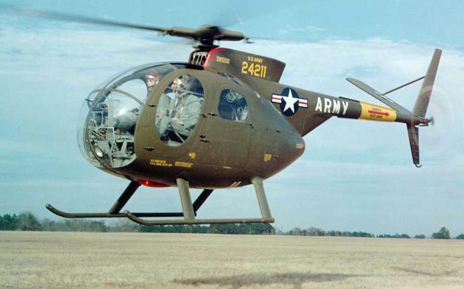 A U.S. Army prototype Hughes YOH-6A Cayuse in mid-flight.