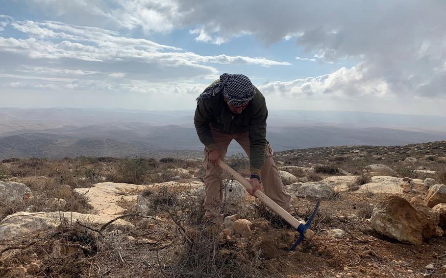 Palestinian farmer Said Awad works his land in the South Hebron Hills area of the West Bank. His farm is adjacent to a Jewish settlement, and residents there have contested the title to his land.