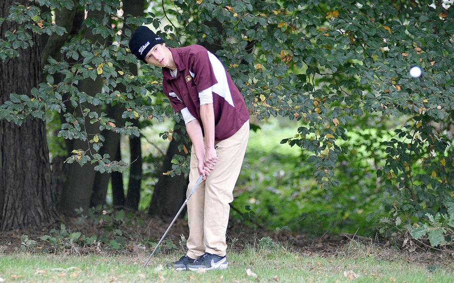 Vilseck’s Finneas Horgan chips from the rough on  No. 1 during the first round of the DODEA European golf championships on Oct. 12, 2023, at Woodlawn Golf Course on Ramstein Air Base, Germany.