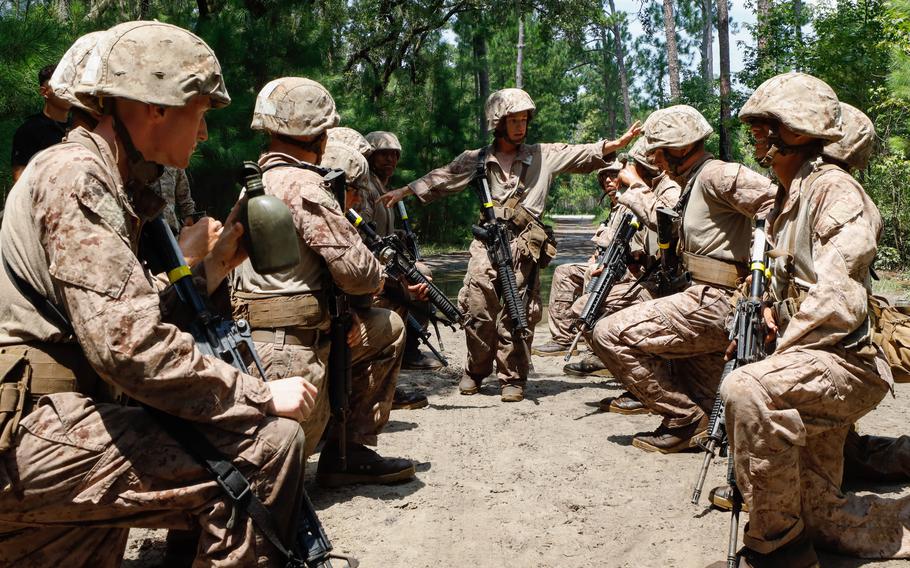 Nathaniel Laprade and fellow Marine recruits are subjected to the Crucible at Parris Island, S.C., on Aug. 17, 2023. The Crucible is the culminating event of basic training, which the 4-foot-7 Laprade passed, likely becoming the shortest Marine in the Corps' history.