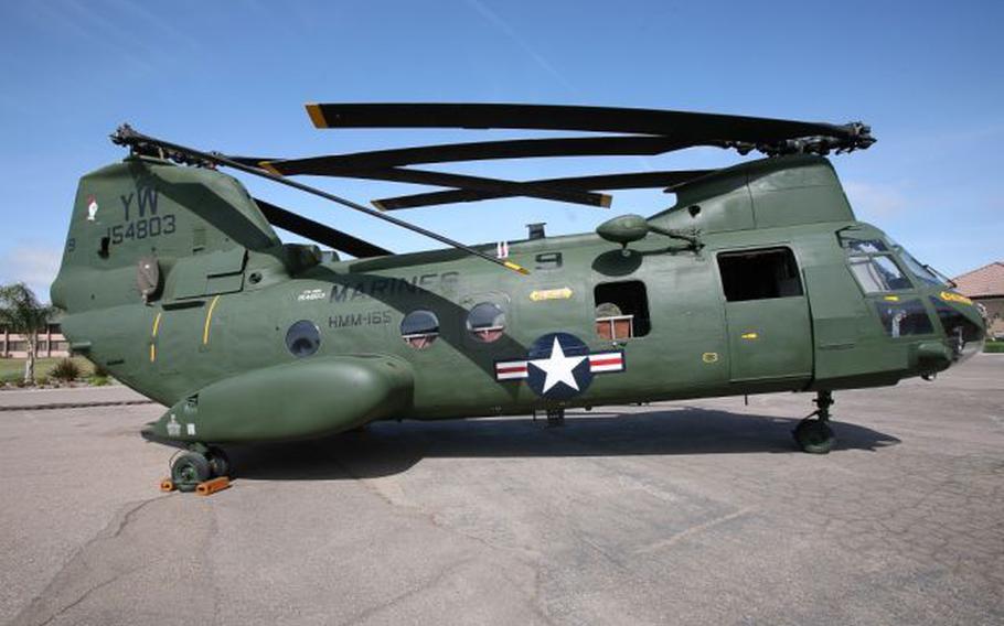 “Lady Ace 09,” a CH-46E “Sea Knight” helicopter at the Flying Leatherneck Aviation Museum, was repainted and remarked in 2010 by Marine Medium Helicopter Squadron 165 airframes Marines. The restoration updated the helicopter to look as it did during the evacuation of the Vietnam ambassador during the fall of Saigon.