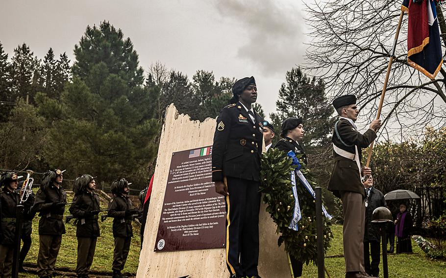 U.S. and Italian soldiers help inaugurate a memorial in Mignano Montelungo, Italy, on Tuesday, March 26, 2024. The monument is a tribute to 3rd Infantry Division forces who fought in Italy in World War II.