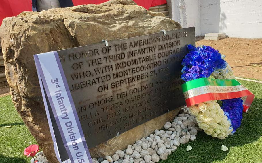 This “Rock” memorial was dedicated on Sept. 19, 2021, in St. Eustachio, Italy, on the 78th anniversary of the liberation of Montecorvino Rovella. The plaque says, “In honor of the American Soldiers of the Third Infantry division who, with indomitable courage, liberated Montecorvino Rovella on September 21, 1943.” 