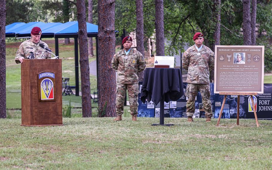 Brig. Gen. David Gardner, commander of Fort Johnson, La., speaks during a ceremony on June 13, 2023, to rename the post from Fort Polk. Fort Johnson was selected to honor Sgt. William Henry Johnson, who was awarded the Medal of Honor for his actions in World War I.