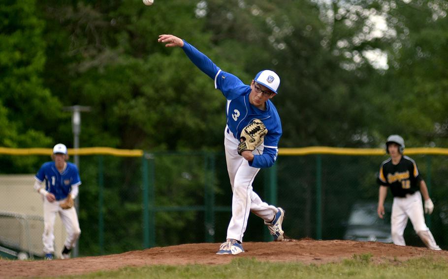 Wiesbaden sophomore Jack Lehr pitches during a Division I DODEA European baseball semifinal against Stuttgart on May 19, 2023, at Southside Fitness Center on Ramstein Air Base, Germany.
