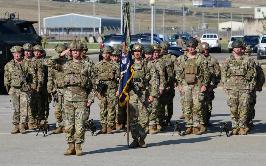 Lt. Col. Geoffrey Miller of the Georgia National Guard salutes during the opening ceremony of Exercise Agile Spirit near Tbilisi, Georgia, on Aug. 21, 2023.