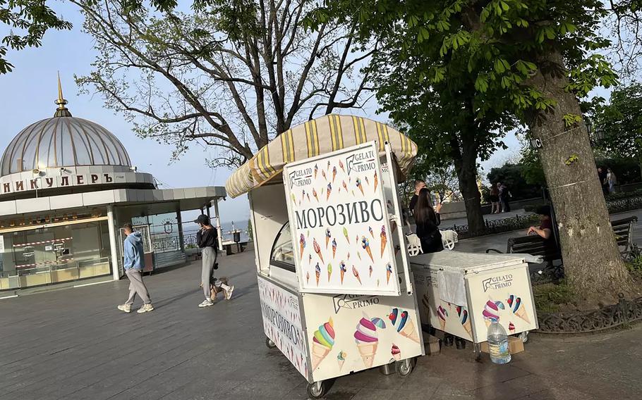 An ice cream stand on the promenade near the Potemkin Stairs, Odesa’s most famous landmark.