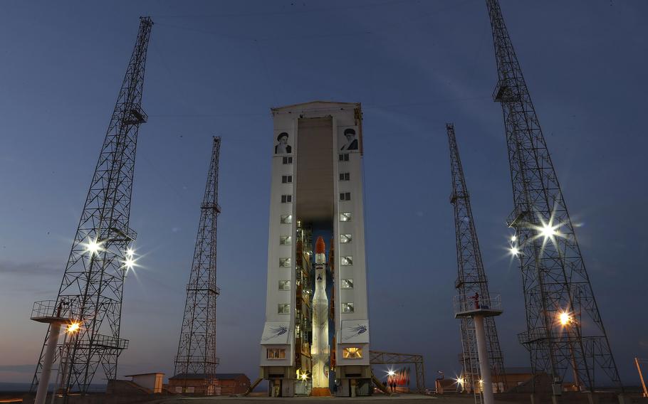 The Simorgh, or “Phoenix,” rocket prior to be launched is seen in an undisclosed location in Iran on Dec. 30, 2021, prior to its launching. Iran on Thursday, Jan. 13, 2022, announced that it launched last week a a solid-fuel satellite carrier rocket into space.