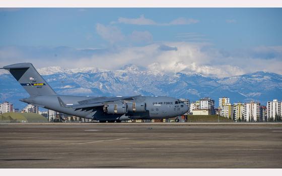 Members of the United States Agency for International Development’s Disaster Assistance Response Team arrive at Incirlik Air Base, Türkiye, Feb. 8, 2023. The DART is assigned to lead the U.S. government humanitarian response following a series of earthquakes that struck central-southern Türkiye on Feb. 6, 2023. The DART includes urban search and rescue teams from the Fairfax and Los Angeles County Fire Departments. The teams are traveling with 159 people, 12 rescue dogs, and 170,000 pounds of specialized equipment. As a fellow NATO ally, the U.S. Government mobilized personnel to assist in Türkiye in their response efforts. (U.S. Air Force photo by Senior Airman David D. McLoney)