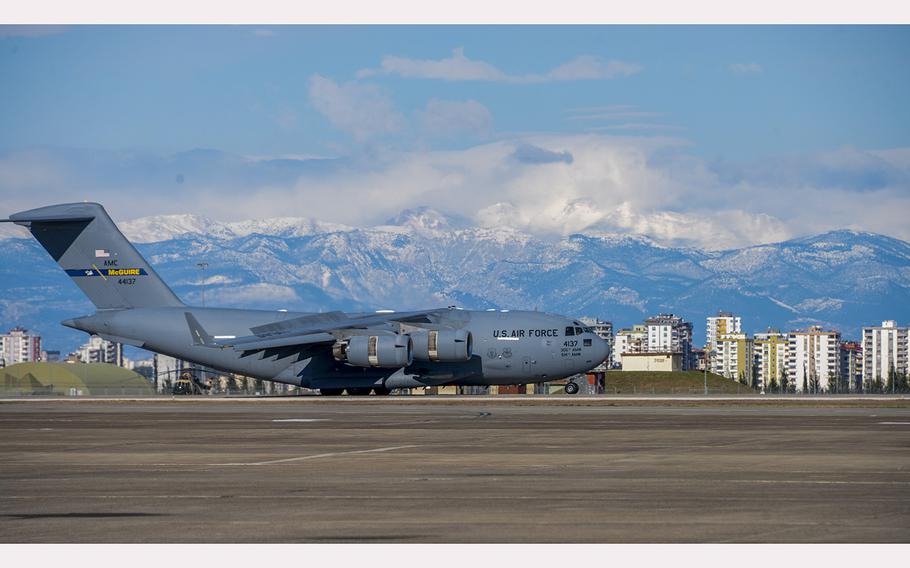 Members of the United States Agency for International Development’s Disaster Assistance Response Team arrive at Incirlik Air Base, Turkey, on Thursday Feb. 8, 2023. 