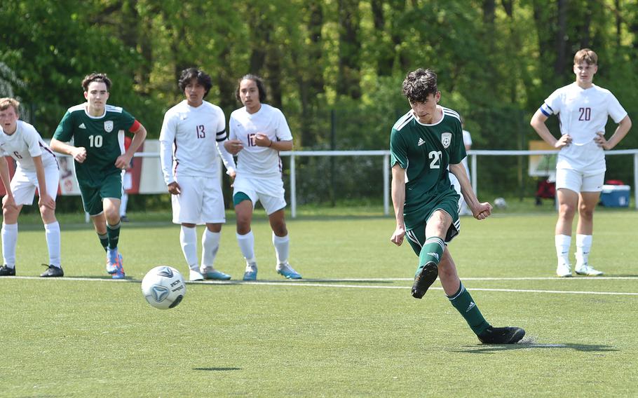 SHAPE's Santiago Torrente de la Pisa converts a penalty in a pool-play match vs. Lakenheath on May 15, 2023, in Reichenbach-Steegen, Germany. The penalty was the match's lone goal.