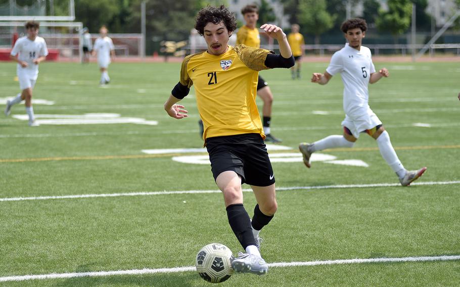 Stuttgart attacking midfielder James Sheppard control the ball during a Division I semifinal match against Lakenheath at the 2025 DODEA European championships on May 21, 2025, at Kaiserslautern High School in Kaiserslautern, Germany.