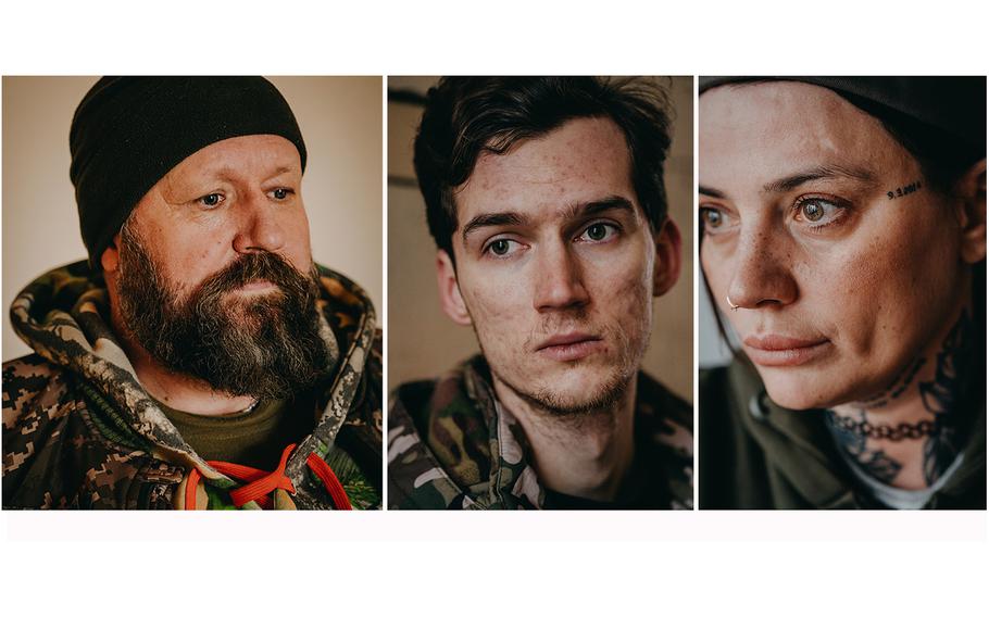 From left: Vadym Burei, 44, call sign Vasylovich, in Donbas, Ukraine, on Feb. 4, 2024; Taras, 24, call sign Stoyik, in Kyiv on Jan. 28.; and Oleksandra Ryazantseva, 40, call sign Yalta, in Zhytomyr, Ukraine, on Jan. 27. 