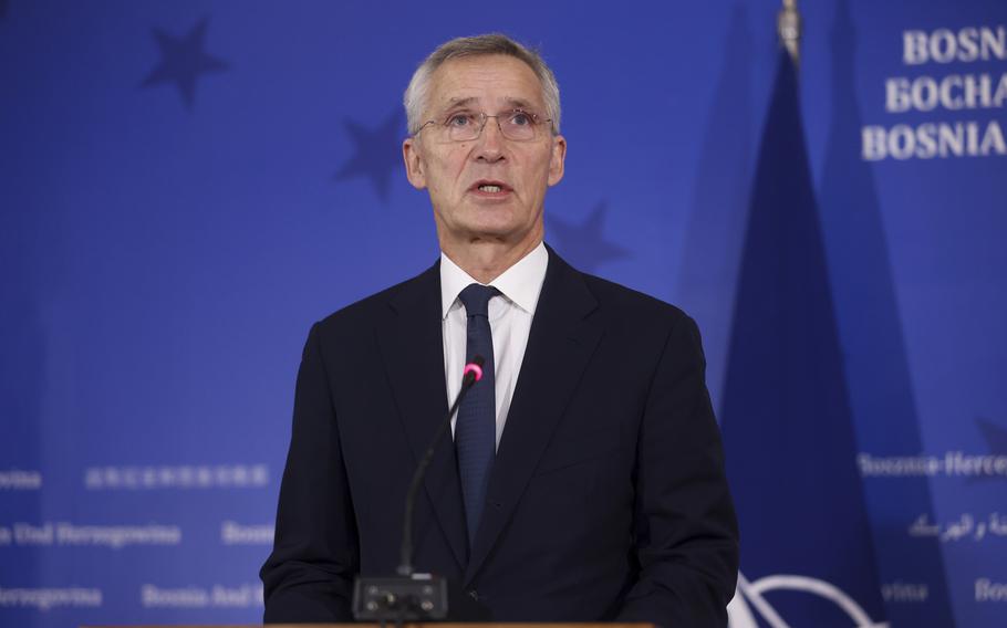 NATO Secretary General Jens Stoltenberg speaks to the media during a joint news conference with the President of the Council of Ministers of Bosnia and Herzegovina Borjana Kristo, in Sarajevo, Bosnia, Monday, Nov. 20, 2023. 