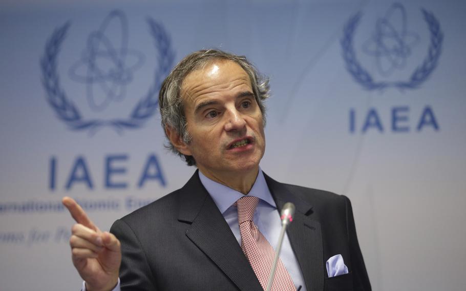 FILE --International Atomic Energy Agency (IAEA) Director General, Rafael Grossi, addresses a news conference during an IAEA Board of Governors meeting in Vienna, Austria, Monday, Feb. 6, 2023. The head of the International Atomic Energy Agency is set for another four-year term at the helm of the United Nations’ nuclear watchdog as it grapples with monitoring Iran’s nuclear activities and tries to shore up the safety of power plants in Ukraine.