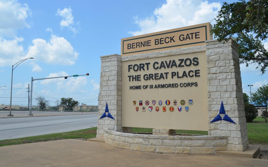 The Bernie Beck Main Gate at Fort Cavazos, Texas, as seen May 23, 2023.