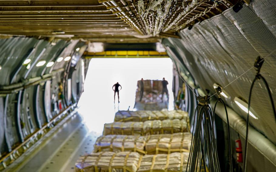 Pallets line the C-5 Super Galaxy’s cargo bay.