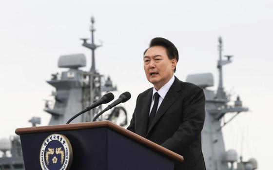 South Korean President Yoon Suk Yeol speaks during the West Sea Defense Day memorial service at the 2nd Fleet Command headquarters in Pyeongtaek, South Korea, March 22, 2024. 
