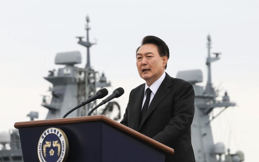 South Korean President Yoon Suk Yeol gives a speech during the West Sea Defense Day memorial service at the 2nd Fleet Command headquarters in Pyeongtaek, South Korea, March 22, 2024. 