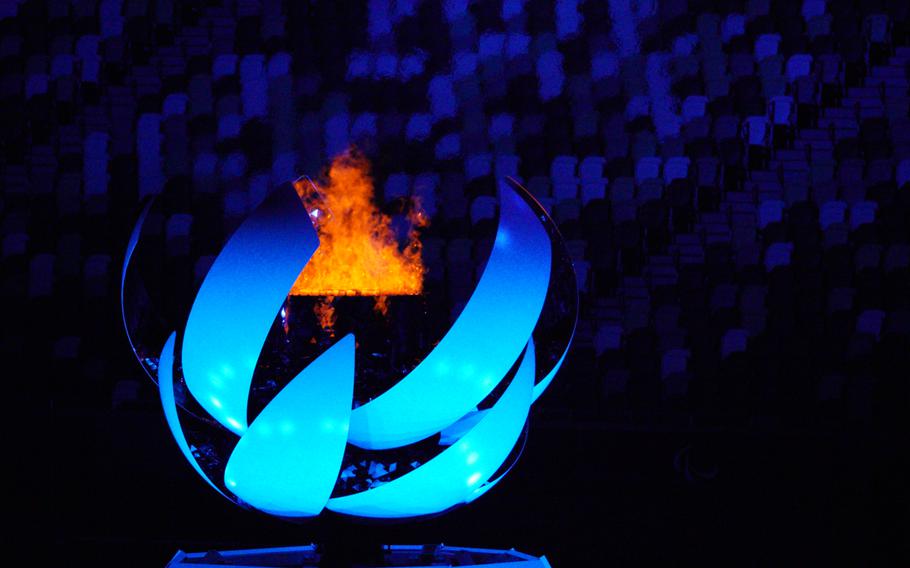 The Paralympic flame burns during closing ceremonies for the Tokyo games at National Stadium, Sunday, Sept. 5, 2021. 