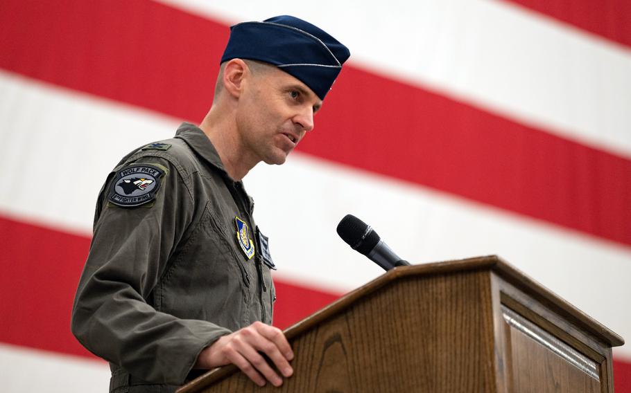 Col. Timothy Murphy, 8th Fighter Wing commander, speaks during a ceremony at Kunsan Air Base, South Korea, June 2, 2023.