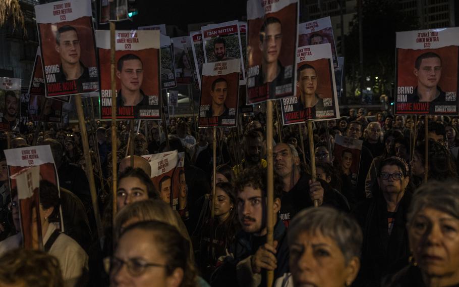 Thousands of people attended a rally in Tel Aviv on Saturday, Feb. 10, 2024, calling for the release of the hostages held in Gaza.