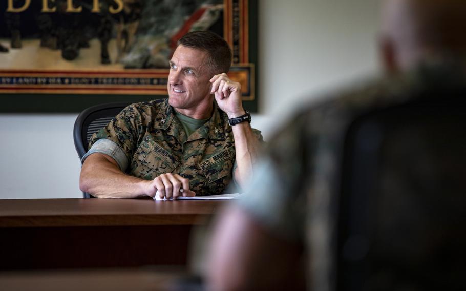 Col. Bradley Ward, pictured here in July 2021, was fired recently as commander of the Recruit Training Regiment at Marine Corps Recruit Depot Parris Island, S.C.