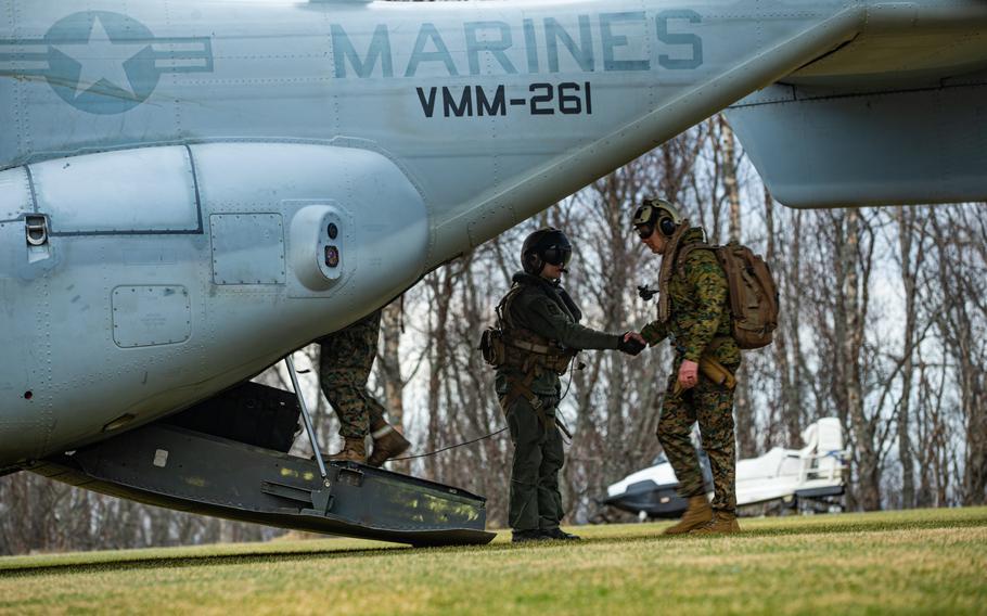 U.S. Marine Corps Gen. David H. Berger, commandant of the Marine Corps, boards an MV-22B Osprey to visit Marines and Norwegian soldiers during Exercise Cold Response 2022, in Setermoen, Norway, March. 22, 2022. U.S. Marines are now barred from traveling to Ukraine and two neighboring countries, while those going on official or personal travel in Europe must now get prior clearance for their trip.