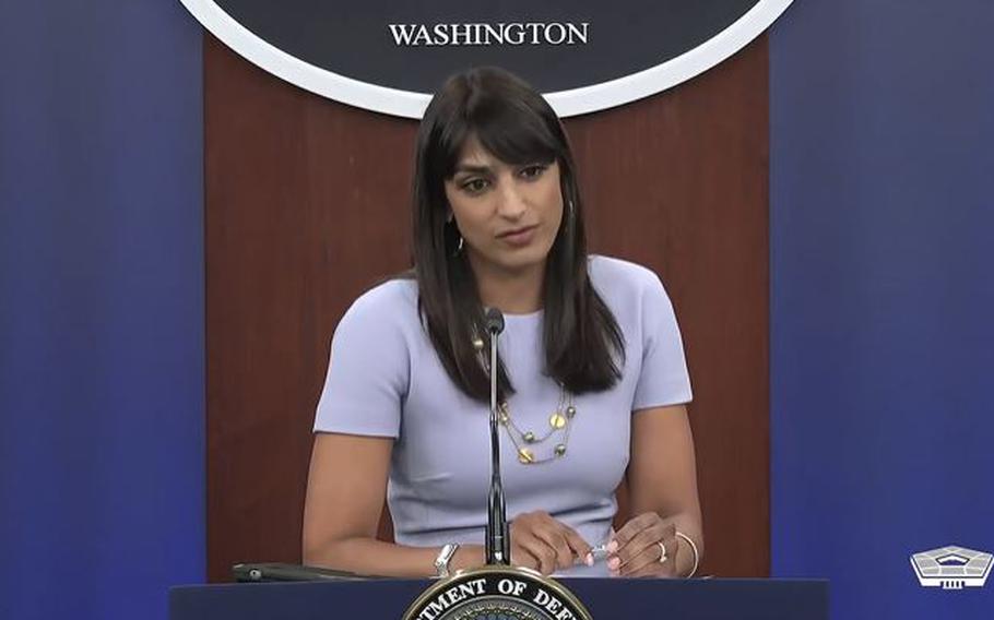 Deputy Pentagon Press Secretary Sabrina Singh briefs news reporters at the Pentagon on Tuesday, Aug. 15, 2023.
