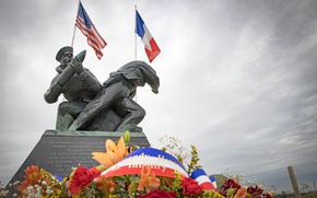 A monument to the U.S. Navy stands on Omaha Beach in Normandy, France.