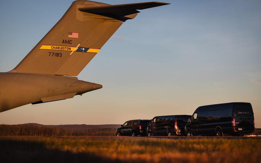 A U.S. Air Force aircraft carrying the remains of U.S. Air Force and Pittsfield native Staff Sgt. Jacob Galliher, killed in a training accident in Japan, arrives at Westover Air Reserve Base, Friday, Dec. 15, 2023.