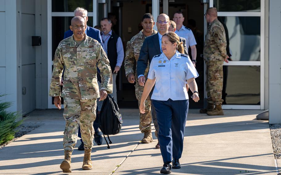 Gen. Charles “CQ” Brown Jr., who at the time was Air Force Chief of Staff, speaks with Col. Ariel G. Batungbacal, National Air and Space Intelligence Center commander, during a visit at Wright-Patterson Air Force Base, Ohio, July 31, 2023. Brown currently is the Chairman of the Joint Chiefs.
