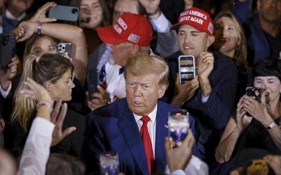 Former president Donald Trump greets supporters at his Mar-a-Lago property in Palm Beach, Fla., on April 4, 2023. MUST CREDIT: Bloomberg photo by Eva Marie Uzcategui