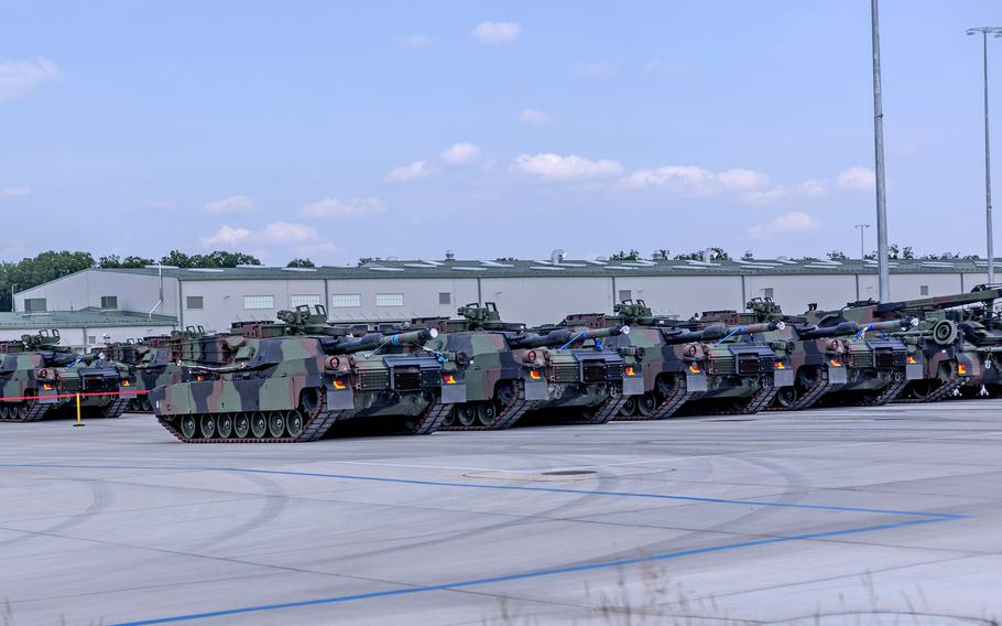 Personnel stage M1 Abrams tanks at the Powidz APS-2 Worksite on June 27, 2024, in Powidz, Poland. 