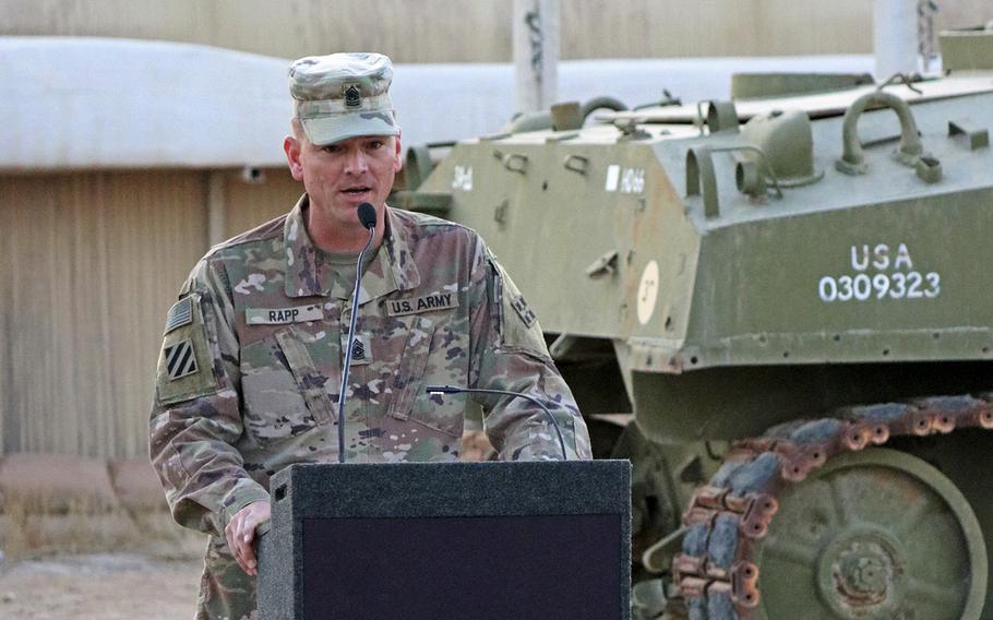 Command Sgt. Maj. Samuel Rapp of the 3rd Armored Brigade Combat Team, 4th Infantry Division addresses soldiers at Camp Buehring, Kuwait, in 2019. 