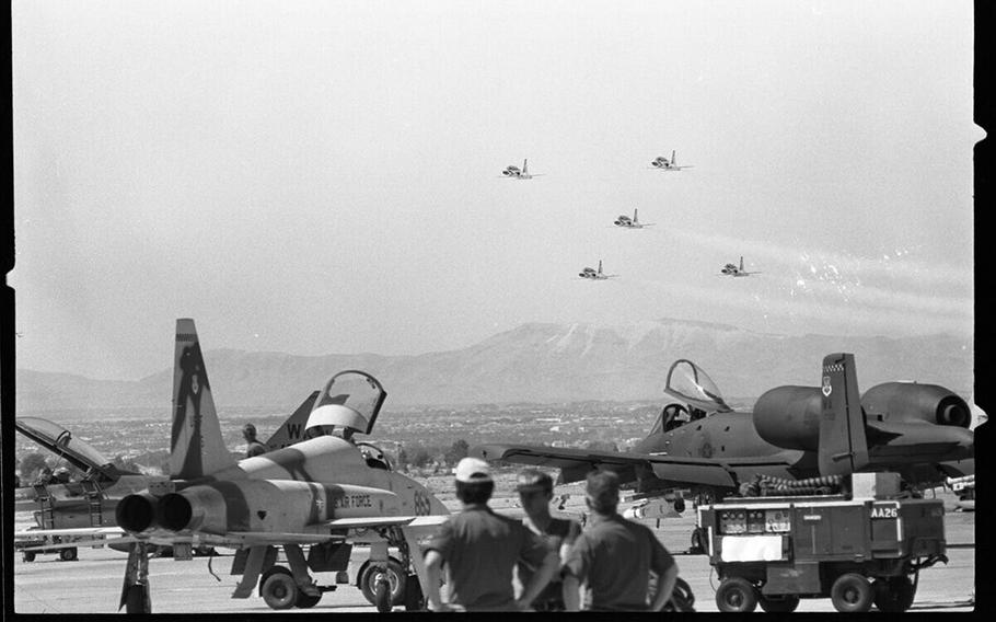 A change of command ceremony at Nellis Air Force Base on June 3, 1981. General Jack Gregory became the eighth commander of Nellis when he took over command of the Tactical Fighter Weapons Center from General Robert Kelley who becomes superintendent of the Air Force Academy. Other names include commander of the Tactical Air Command General W.L. Greech. The ceremony featured the Air Force Thunderbirds. 