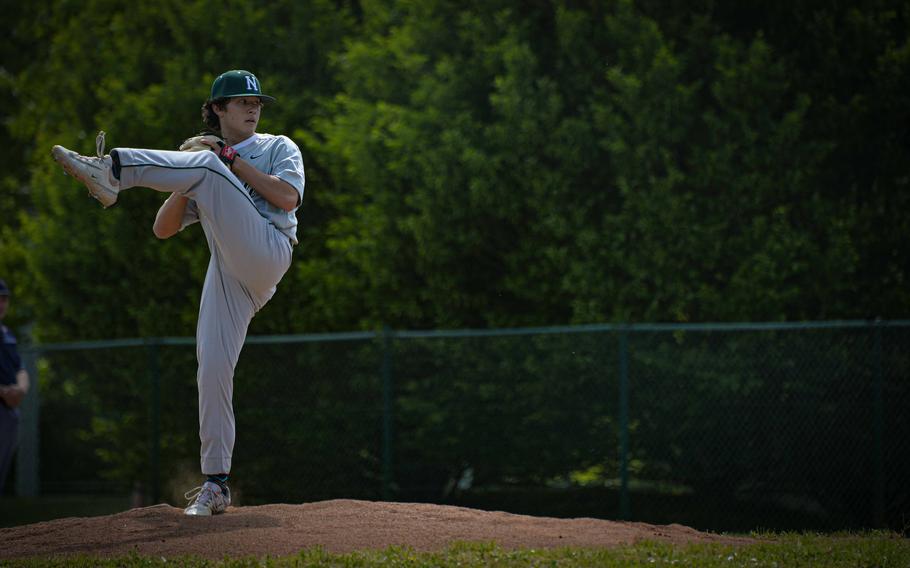 Naples’ Logan Barker goes for a high leg delivery while pitching against Vicenza during the DODEA-Europe Division II-III Baseball Championships at Ramstein Air Base, Germany, May 18, 2023.