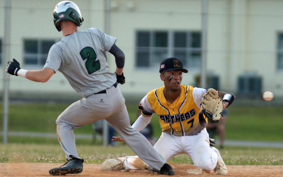 Kubasaki's Ryder Beaudoin gets back to second base ahead of the throw to Kadena shortstop Adrian Wilson during Monday's DODEA-Okinawa baseball game. The Panthers won a walk-off 6-5 victory to level the season series at 5-5.