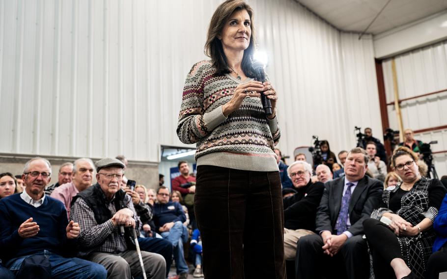 Nikki Haley answers questions from Iowans before the January caucuses during a town hall in Waukee, Iowa, on Dec. 10, 2023. 