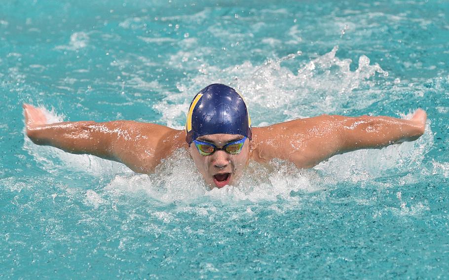 Mason Koeth of Wiesbaden swims the breaststroke in the 17-to-19-year-old boys 200-meter individual medley during the European Forces Swim League Short Distance Championships on Sunday at the Pieter van den Hoogenband Zwemstadion at the Zwemcentrum de Tongelreep in Eindhoven, Netherlands.