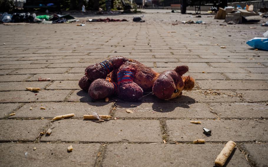 A toy covered in blood at the scene where at least 50 people were killed, including five children, in an attack on a train station in Kramatorsk, Ukraine, where evacuation trains were departing on April 8, 2022. 