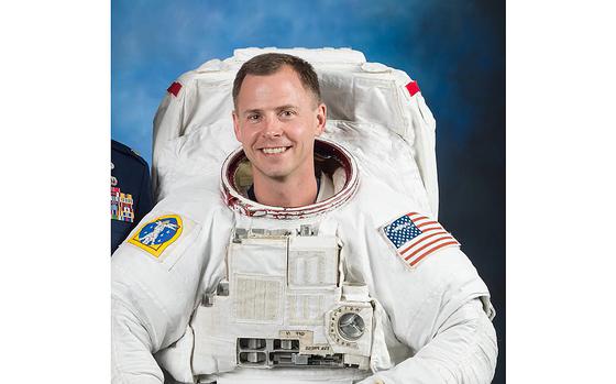 A video screen grab shows Space Force Col. Nick Hague as seen in his astronaut suit in October 2018 when he was part of the Air Force Space Command. 