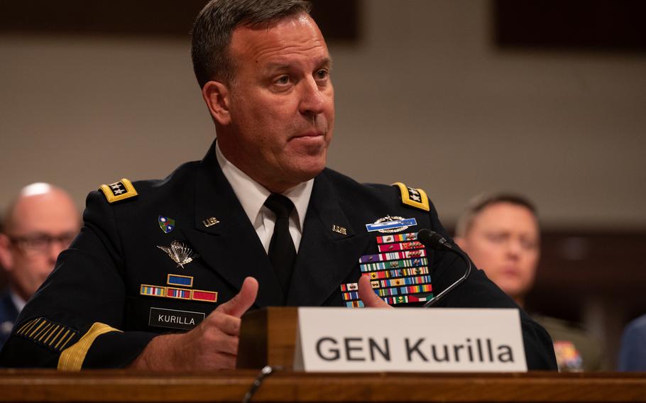 Army Gen. Michael “Erik” Kurilla, who leads U.S. Central Command, provides testimony in March 2023 at a Senate Armed Services Committee hearing at the Dirksen Senate Office Building in Washington.